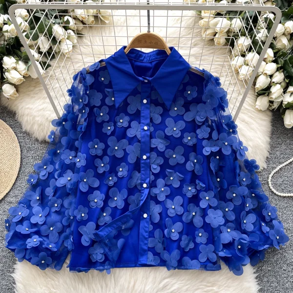 LW0653 Heavy Nail Bead Three-Dimensional Flower Long Sleeve Shirt Women Light Luxury Lantern Sleeve Blouses Elegant Women - Image 2