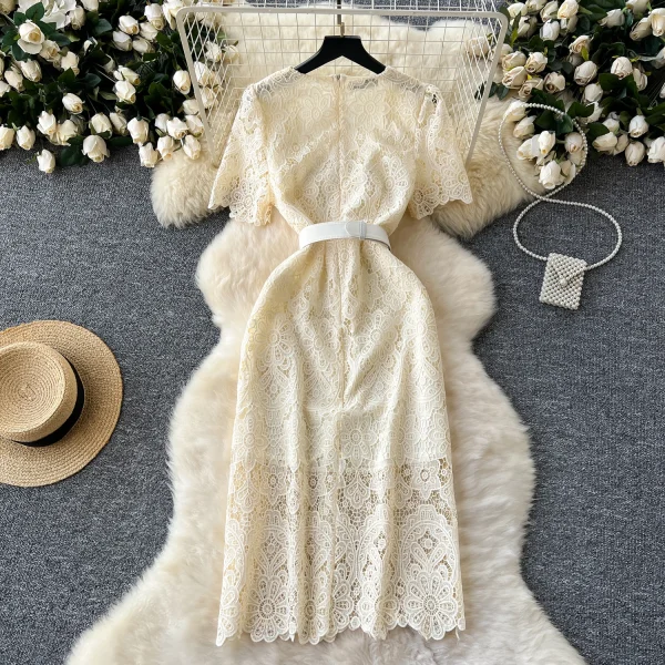 LE2623 Autumn Heavy Industry Nail Beaded Diamond Square Neck Lace Dresses Women Hollow Hook Flower Embroidery Midi Dress 2025 - Image 2