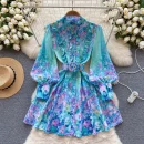 LE2643 Retro Romantic Mini Printed Dresses Woman Atmosphere Sense Floral Dress Female Lantern Sleeve Super fairy Short Dresses