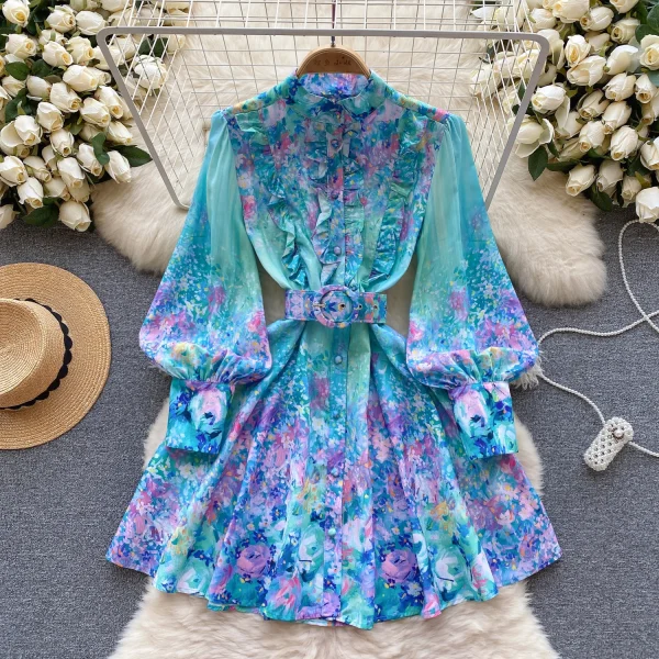 LE2643 Retro Romantic Mini Printed Dresses Woman Atmosphere Sense Floral Dress Female Lantern Sleeve Super fairy Short Dresses - Image 6