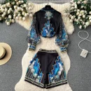 2 Piece Outfits Sets Fashion Socialite Style Thin Long-Sleeved Lapel Print Shirt + High Waist Thin Wide Leg Shorts Two-Piece Set