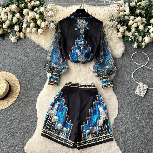 2 Piece Outfits Sets Fashion Socialite Style Thin Long-Sleeved Lapel Print Shirt + High Waist Thin Wide Leg Shorts Two-Piece Set - Image 2