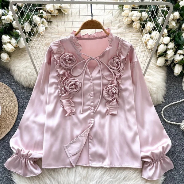 LW0651 2025 Spring New Advanced Sense Three-Dimensional Flower Lace-Up Long Sleeve Satin Blouse Shirts for Women - Image 4