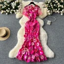 LE2621 Vintage Three-Dimensional Flower Decoration Maxi Lace Dresses Elegant Women'S Boutique Embroidery Long Fishtail Dress