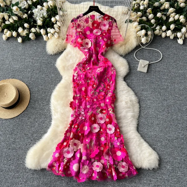 LE2621 Vintage Three-Dimensional Flower Decoration Maxi Lace Dresses Elegant Women'S Boutique Embroidery Long Fishtail Dress