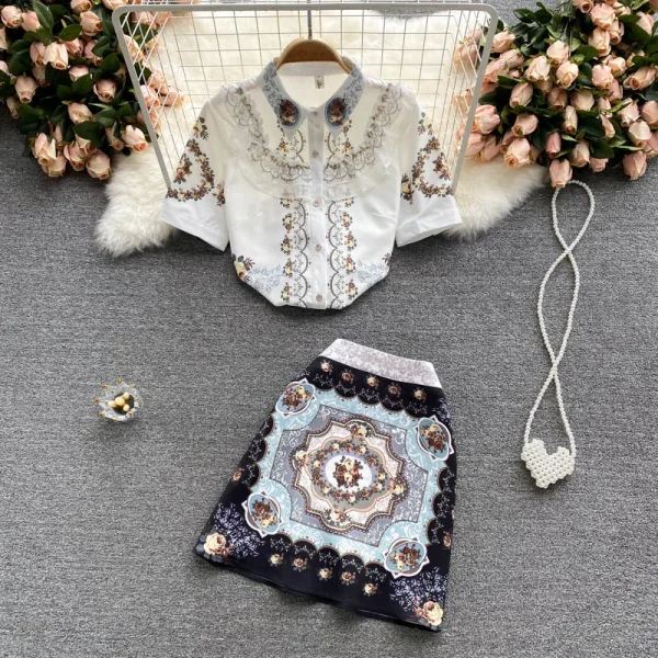 LE4090 Women'S Short-Sleeved Shirt Women'S Design Sense Small Print High-Waisted Skirt Two-Piece Set of Fashion - Image 2