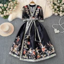 LE2607 2025 Vintage Maxi Printed Dress Ethnic Deep V-Neck Flowers Dresses Woman Socialite Holiday Party Evening Dress Lady
