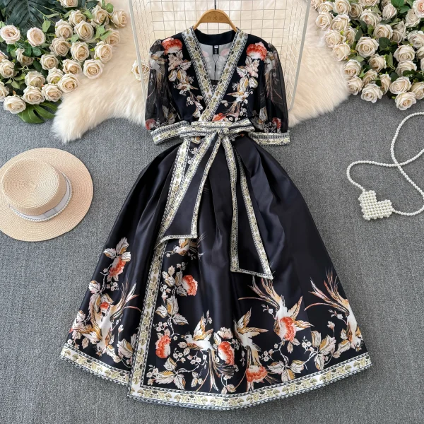 LE2607 2025 Vintage Maxi Printed Dress Ethnic Deep V-Neck Flowers Dresses Woman Socialite Holiday Party Evening Dress Lady - Image 4