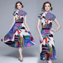 LE1244 in Stock Boutique Womens 2 Piece Sets High Quality Fabric Short-Sleeved Top Miyake Pleated Printed Long Pleated Skirt