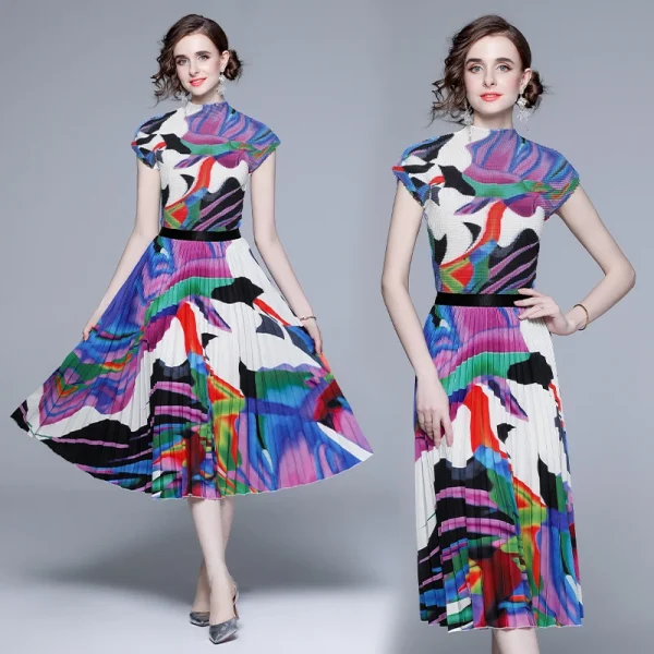 LE1244 in Stock Boutique Womens 2 Piece Sets High Quality Fabric Short-Sleeved Top Miyake Pleated Printed Long Pleated Skirt - Image 5
