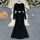 LE4769 Sexy Deep V-Neck Long Sleeve Dress Women'S Dinner Dress Heavy Heavy Diamond Flower Waist Slimming Skirt