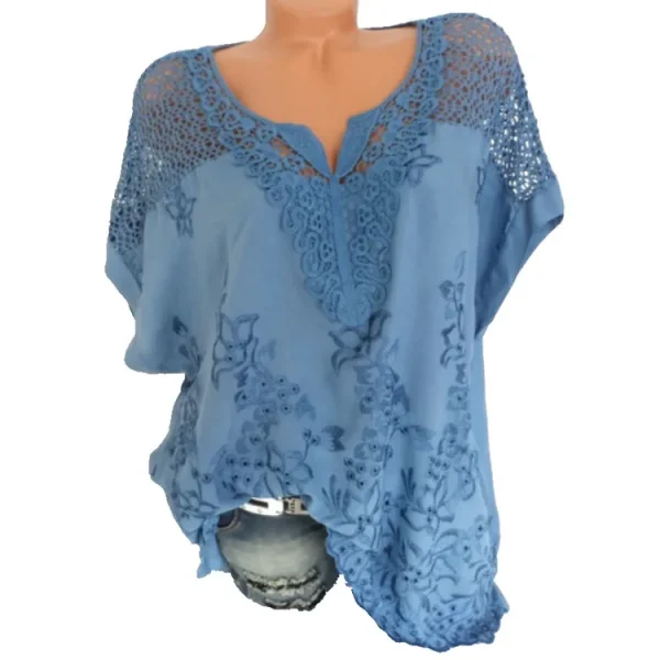Fashion Women's Lace V-neck Embroidery Short-sleeved Chiffon Bat Shirt - Image 4