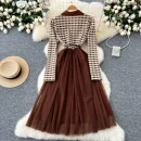 LE4781 Autumn New Senior Sense Retro Lapel Long Sleeve Plaid Patchwork Receiving Waist Mesh Gauze Peng Peng Dress Female
