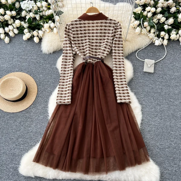 LE4781 Autumn New Senior Sense Retro Lapel Long Sleeve Plaid Patchwork Receiving Waist Mesh Gauze Peng Peng Dress Female - Image 2