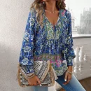 Casual  Women's Printed Shirt Temperament V-neck Long Sleeved Top