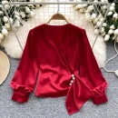 LW0832 Design Sense V-Neck Nail Bead Pleated Long Sleeve Satin Top Women'S Chic Tops For Women Casual Blouses 2025