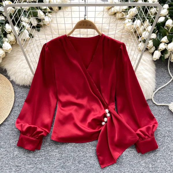 LW0832 Design Sense V-Neck Nail Bead Pleated Long Sleeve Satin Top Women'S Chic Tops For Women Casual Blouses 2025 - Image 2