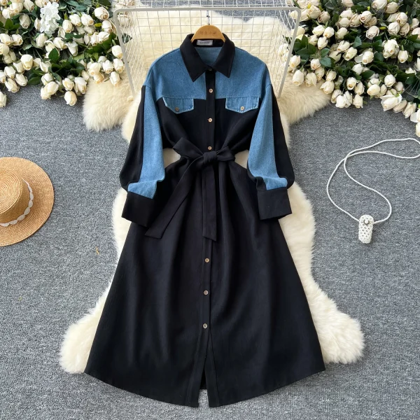 LE2668 Denim Patchwork Women'S Dress Niche Vintage Color Combination Long-Sleeved Single-Breasted Strap Shirt Office Woman Dress - Image 2