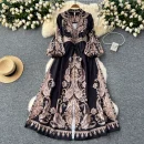 LE2634 Ethnic Printed Dresses Maxi Autumn New Court Style V-Neck Long Sleeve Banquet Robe Woman Boutique Holiday Dress for Women
