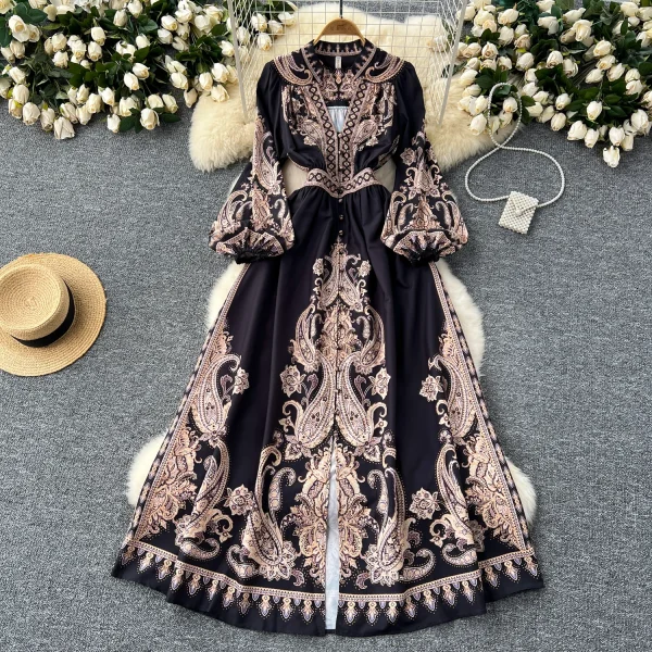 LE2634 Ethnic Printed Dresses Maxi Autumn New Court Style V-Neck Long Sleeve Banquet Robe Woman Boutique Holiday Dress for Women - Image 5