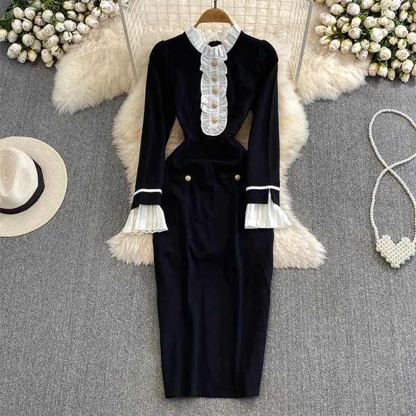 LE2583 Autumn Korean Socialite Ruffled Long Sleeve Midi Dresses Women Boutique Long Dresses Button Hip Wrap Dresses Female 2025