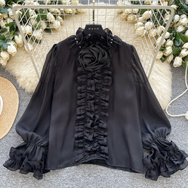 LW0829 Light Luxury Senior Sense Trumpet Sleeve Shirt Women'S Wooden Ear Edge Gauze Diamond Design Blouses 2025 - Image 4