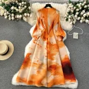 LE2580 Haute Couture Majolica Print Dress Women Loose Heavy Fold Midi Evening Gown O-Collar Bubble Long Sleeve Evening Dress
