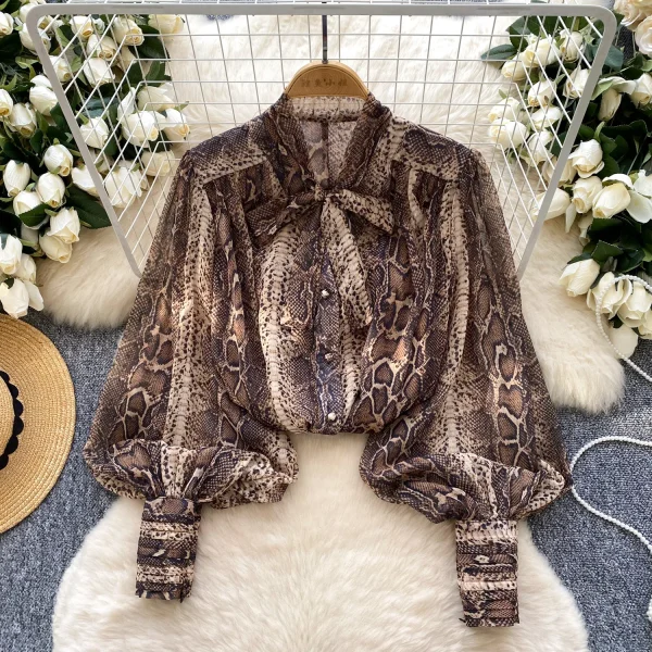 LW0752 Blouses Elegant Women Ladies Spring Day Shirt 2025 New Bow Tie With Lantern Sleeve Printed Shirt - Image 6