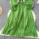 LE4763 Beaded Round Neck Wooden Ear Edge Splicing Horn Long Sleeve Waist Waist Slimming Over the Knee Dress Female Autumn