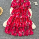 LE4771 Light Wind Women'S Dress Autumn Advanced Sense Flower Fold Waist Lantern Sleeve Floral Chiffon Skirt Long Dress