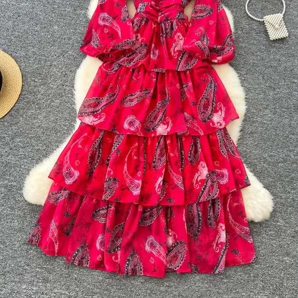 LE4771 Light Wind Women'S Dress Autumn Advanced Sense Flower Fold Waist Lantern Sleeve Floral Chiffon Skirt Long Dress - Image 6