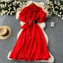 LE2625 Women's Luxury European Polka Dot Mesh Dresses Puffed Sleeves Sailor Collar Maxi Dress Sweet Clothes Socialite