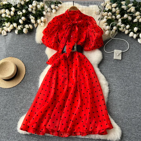 LE2625 Women's Luxury European Polka Dot Mesh Dresses Puffed Sleeves Sailor Collar Maxi Dress Sweet Clothes Socialite - Image 6