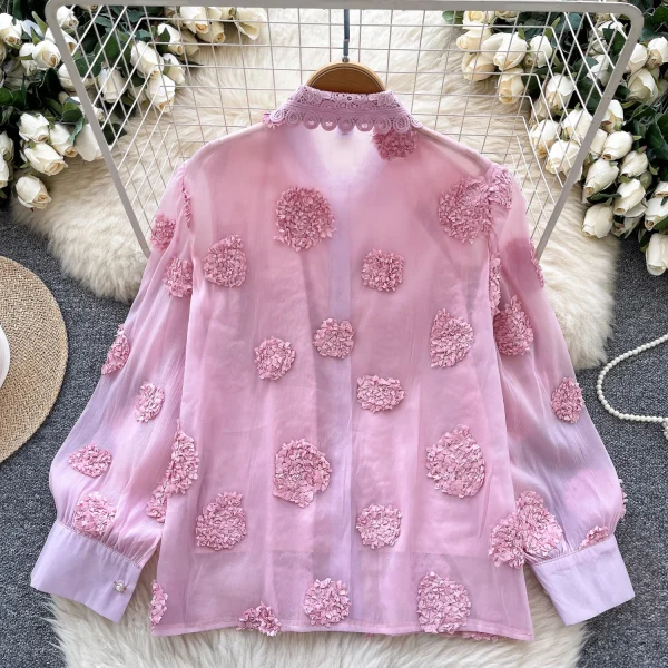 LW0652 Heavy Nail Bead Three-Dimensional Flower Mesh Shirt Women Loose Long Sleeve Blouses Elegant Women - Image 5