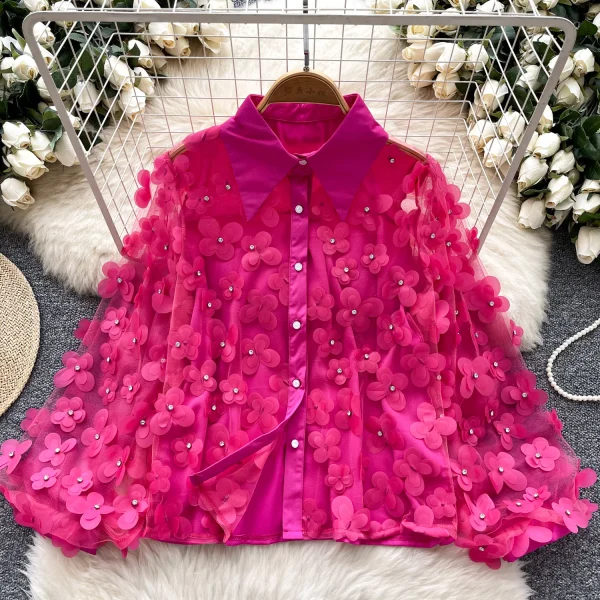 LW0653 Heavy Nail Bead Three-Dimensional Flower Long Sleeve Shirt Women Light Luxury Lantern Sleeve Blouses Elegant Women - Image 5