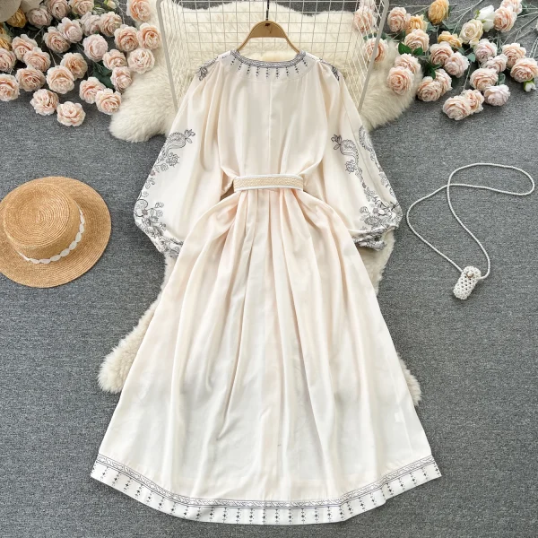 LE2586 Vintage Printed Dresses Autumn Lantern Long Sleeve V-Neck Holiday Dress Women Boutique Belted Midi Party Dresses Robe - Image 2