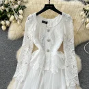 LE4774 White Dinner Party Dress for Women Heavy Industry Cutout Hook Lace Patchwork Receiving Waist Mesh Dress for Women