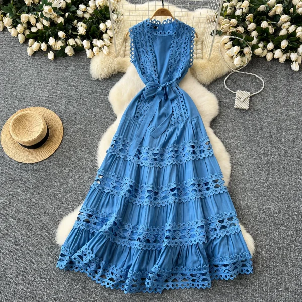 LE2617 Women'S Boutique Hollow Embroidery Maxi Dresses Elegant Sleeveless Lace Robe Socialite Party Lace Dresses Women Elegant - Image 5