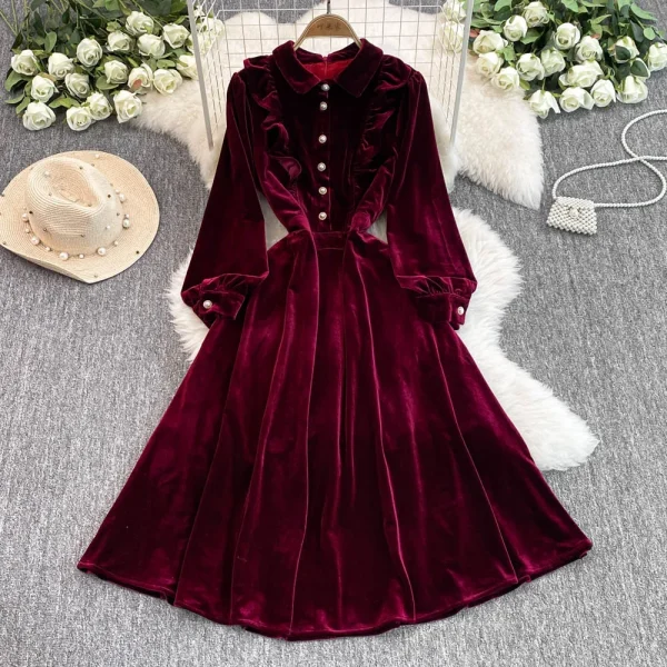 LE2660 2025 Winter Socialite Midi Evening Dresses for Woman Autumn High-End Dinner Dress Pearl Button Velvet Long Dress Female