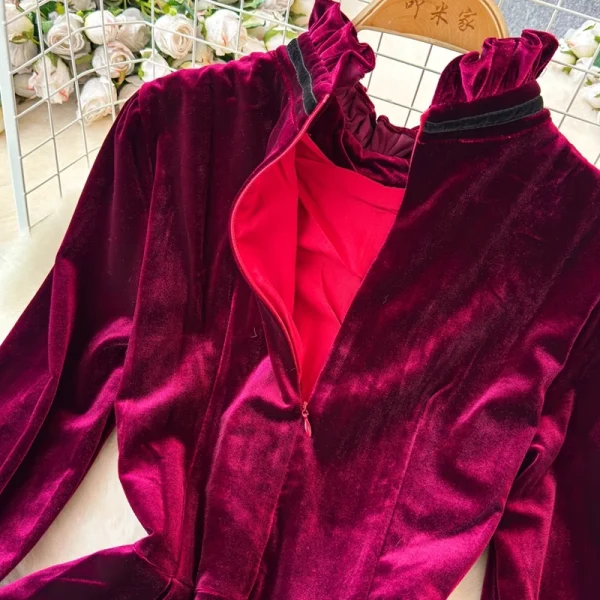 LE2663 2025 Winter Socialite Midi Evening Dresses for Woman Autumn High-End Dinner Dress Ruffled Collar Velvet Long Dress Female - Image 5