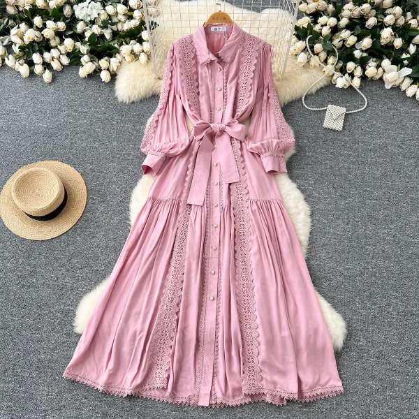LE4780 Elegant Dress Female Fall Ladies Ladies Dress Niche High-Grade Lace Patchwork Single Breasted Waist Over Knee Dress - Image 3