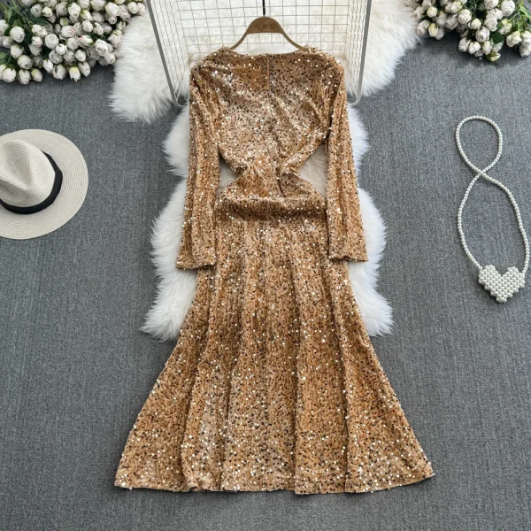 LE2658 Socialite Midi Evening Dresses for Woman Autumn Long Sleeve V-Neck A-Line Sequin Velvet Dresses Elegant Party Long Dress - Image 2