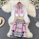 LE1703 Fashion Boutique Set Temperament Printing Loose Long-Sleeved Shirt + High Waist Half-Body Skirt Skirt Two-Piece Set