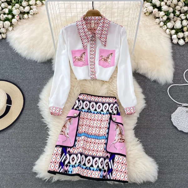 LE1703 Fashion Boutique Set Temperament Printing Loose Long-Sleeved Shirt + High Waist Half-Body Skirt Skirt Two-Piece Set