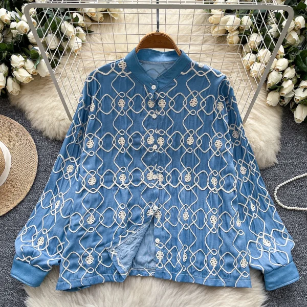LW0650 Foreign Style Embroidery Single Breasted Shirt Woman Vintage Loose Base Long Sleeve Shirt Woman Blouses for Lady