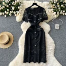 LE2623 Autumn Heavy Industry Nail Beaded Diamond Square Neck Lace Dresses Women Hollow Hook Flower Embroidery Midi Dress 2025