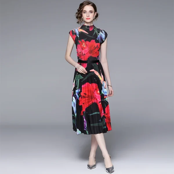 LE1278 Latest Miyake Pleated Casual Style Sets Floral Print Pleated T-Shirt and Printed Pleated Skirt Boutique Two Piece Sets - Image 3