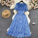 LE2729 2025 Niche Vintage Women'S Dress O-Neck Lace Dress With Short Sleeves Female Summer Slim Temperament Elegant Long Dress