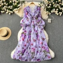 LE2608 Women'S Boutique Clothing Maxi Printed Dress Ethnic V-Neck Pleated Floral Chiffon Dresses Socialite Party Evening Dress