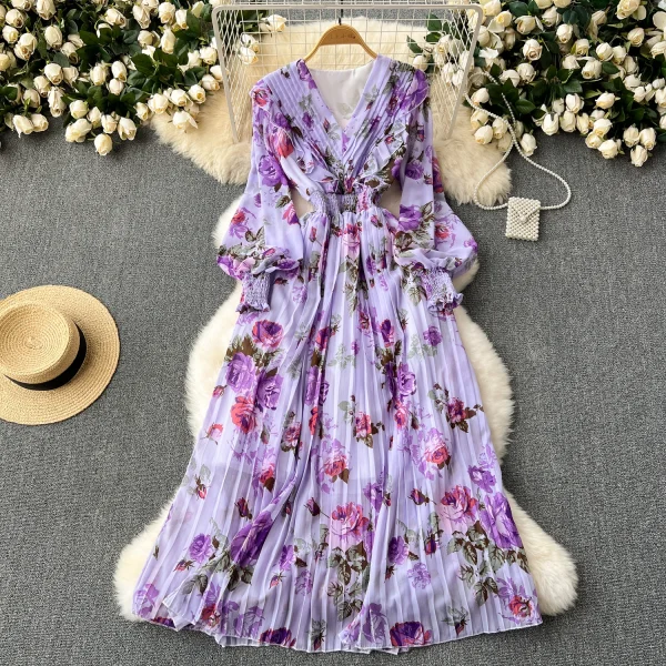 LE2608 Women'S Boutique Clothing Maxi Printed Dress Ethnic V-Neck Pleated Floral Chiffon Dresses Socialite Party Evening Dress - Image 6